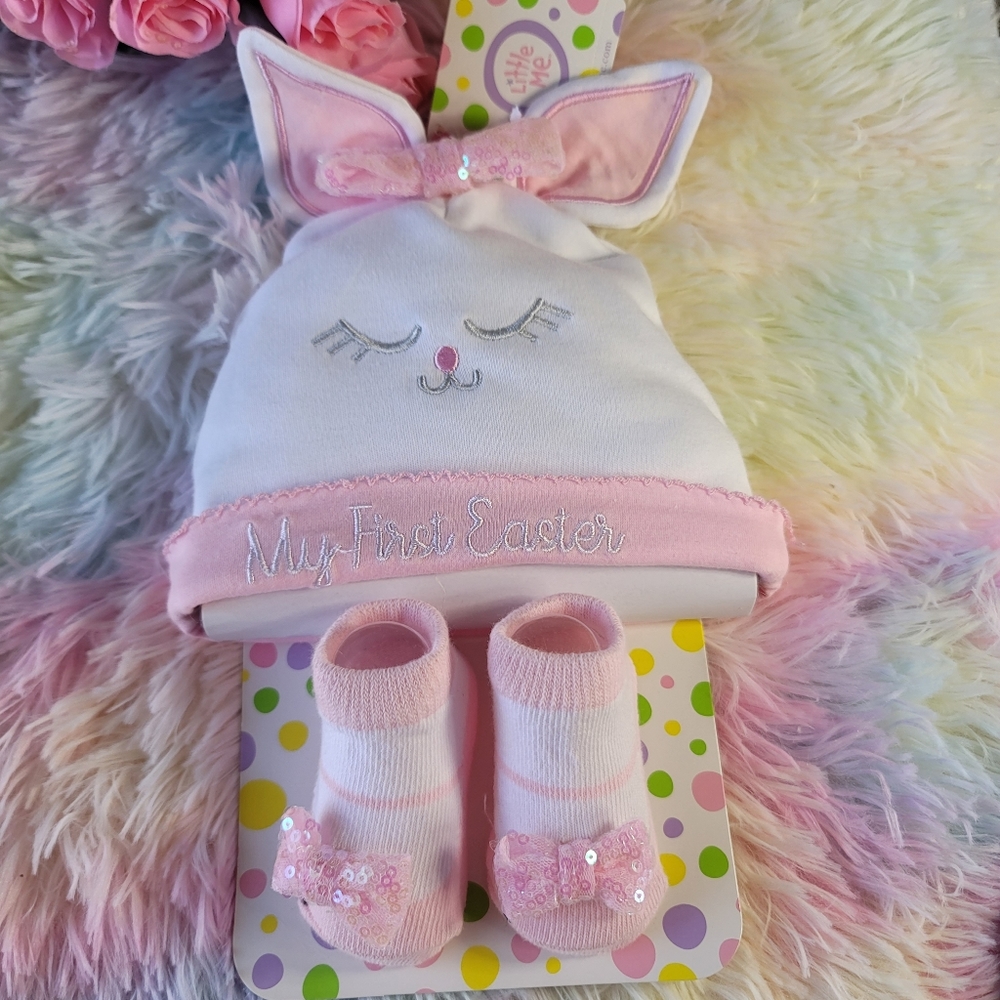 Little Me “My First Easter” Hat And Bootie Set 0-12 Mo. New With Tags Pink White - Picture 1 of 10